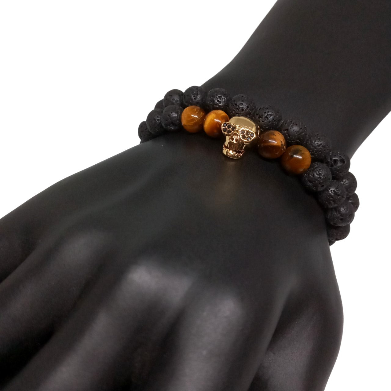 Juego de Pulsera para Hombre de Calavera con Piedra Volcánica y Ojo de Tigre