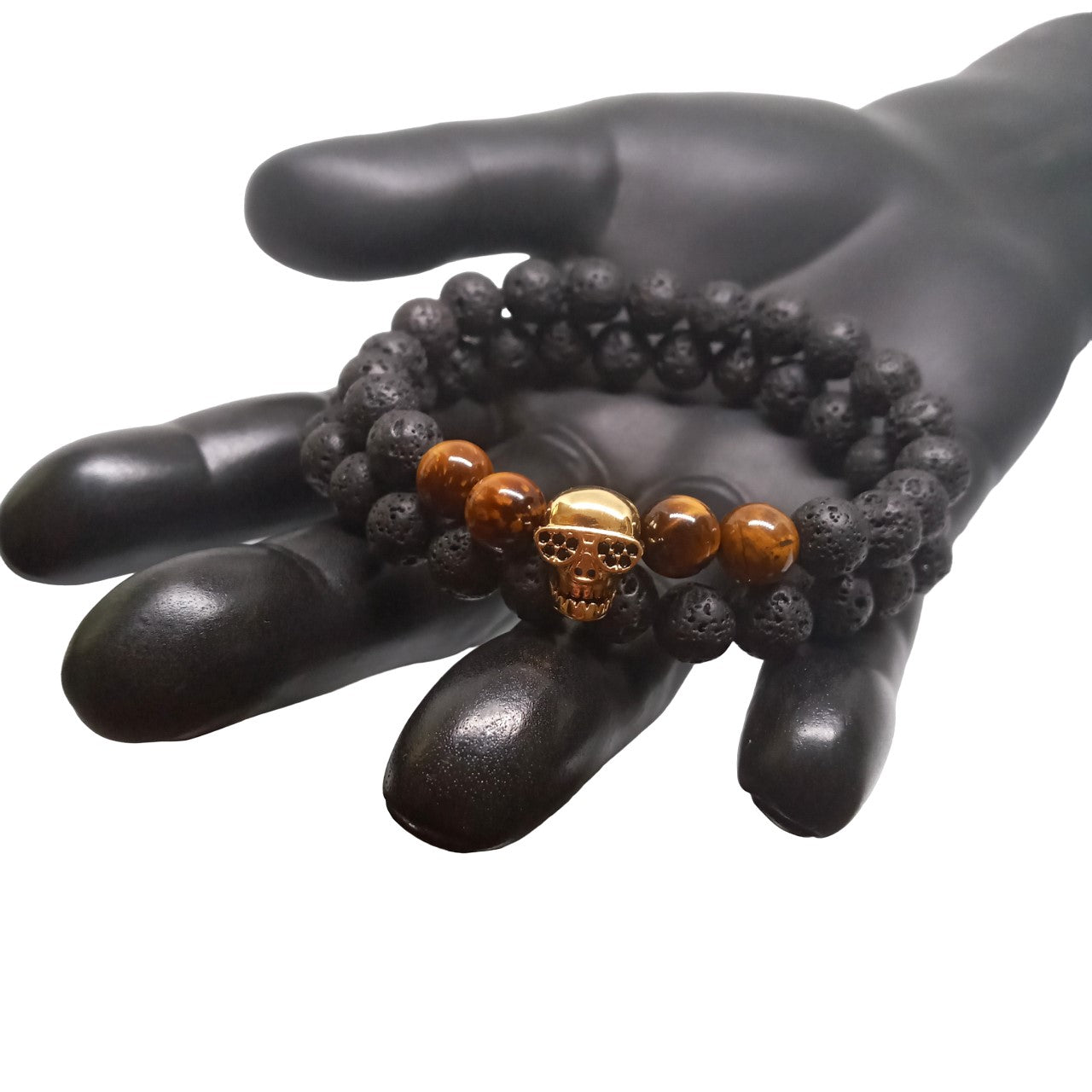Juego de Pulsera para Hombre de Calavera con Piedra Volcánica y Ojo de Tigre