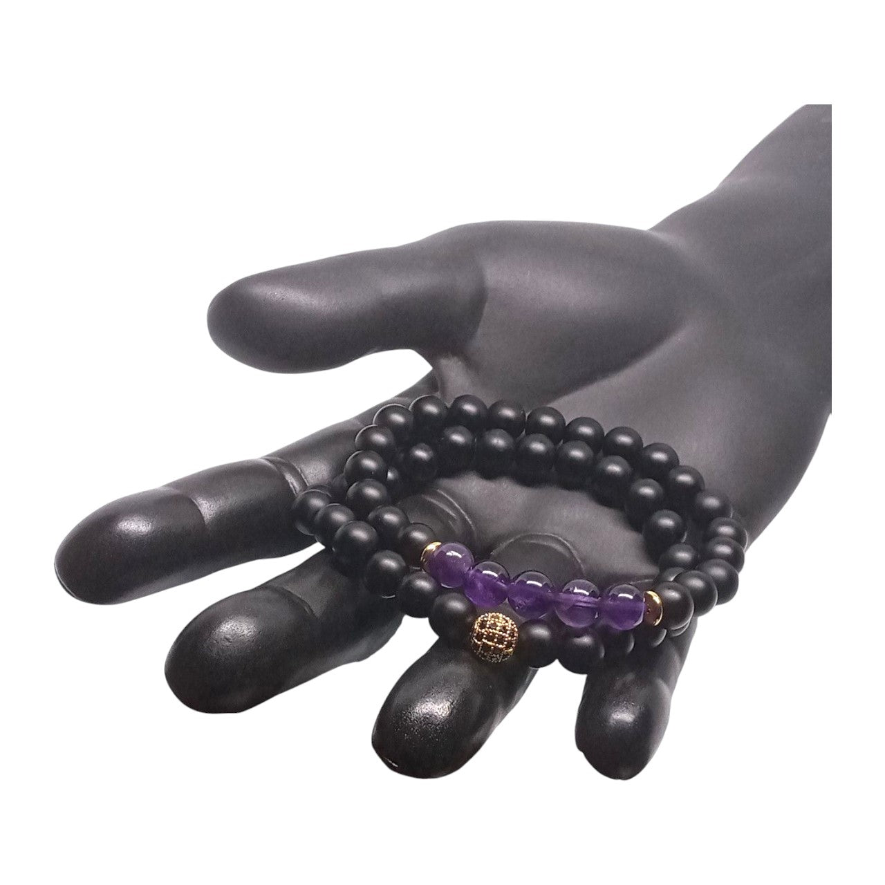 Pulsera Hombre Cristal Piedras Naturales Cuarzo Ónix y Amatista