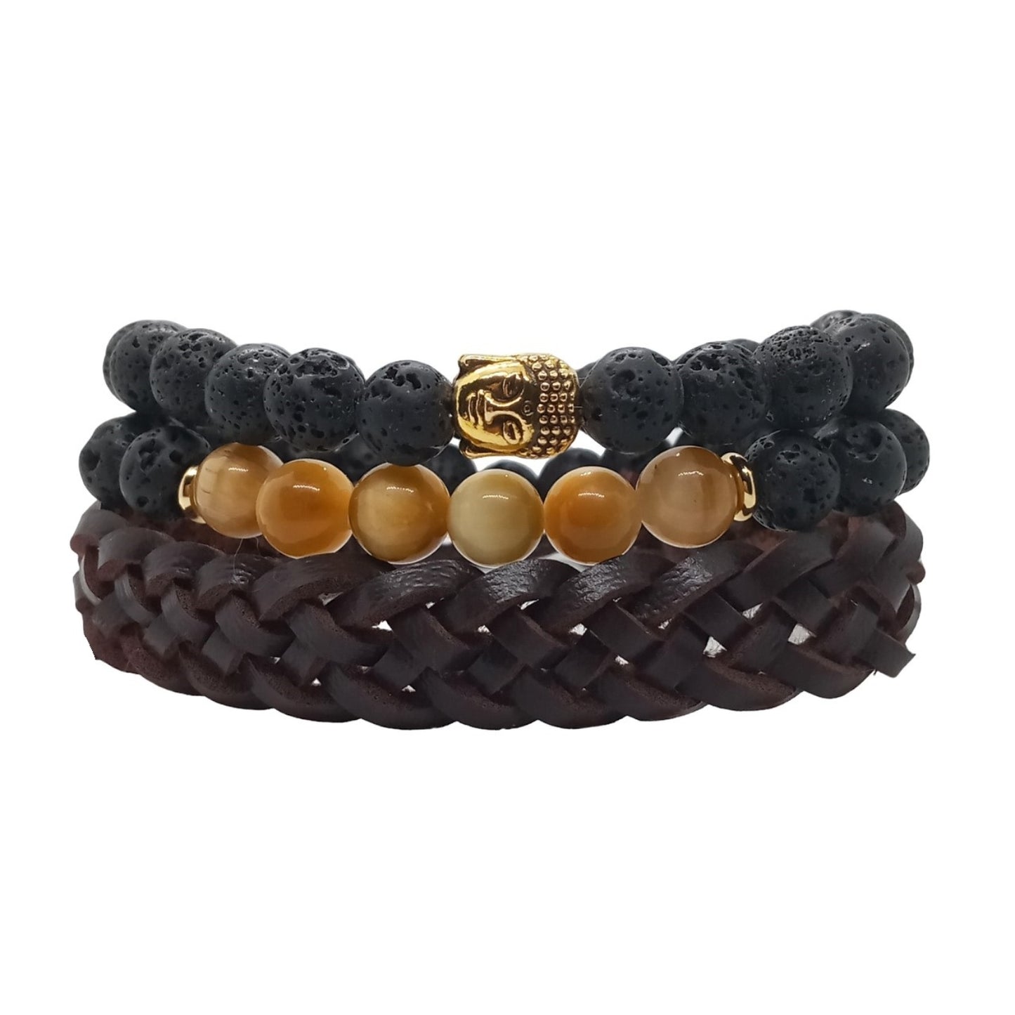 Juego de Pulsera para Hombre Buda con Piedra Volcánica, Ojo de Tigre y Cuero