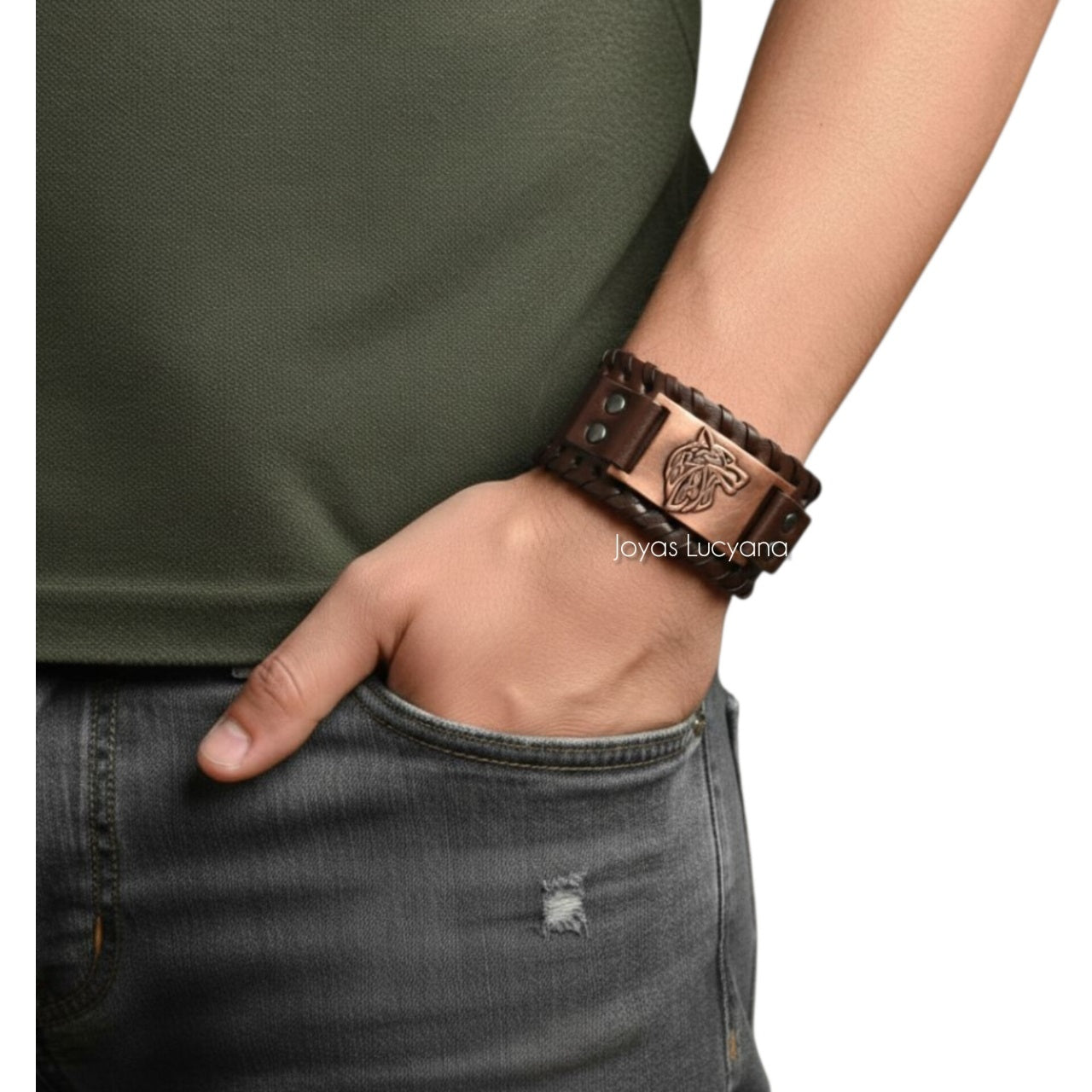 Brazalete para Hombre de Lobo con Cuero Marrón