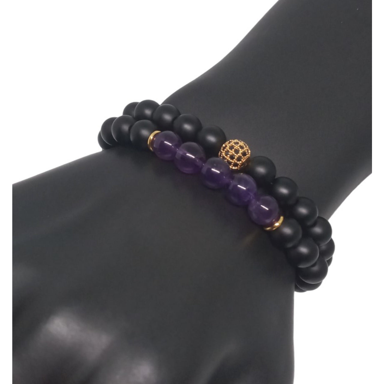 Pulsera Hombre Cristal Piedras Naturales Cuarzo Ónix y Amatista