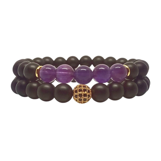 Pulsera Hombre Cristal Piedras Naturales Cuarzo Ónix y Amatista