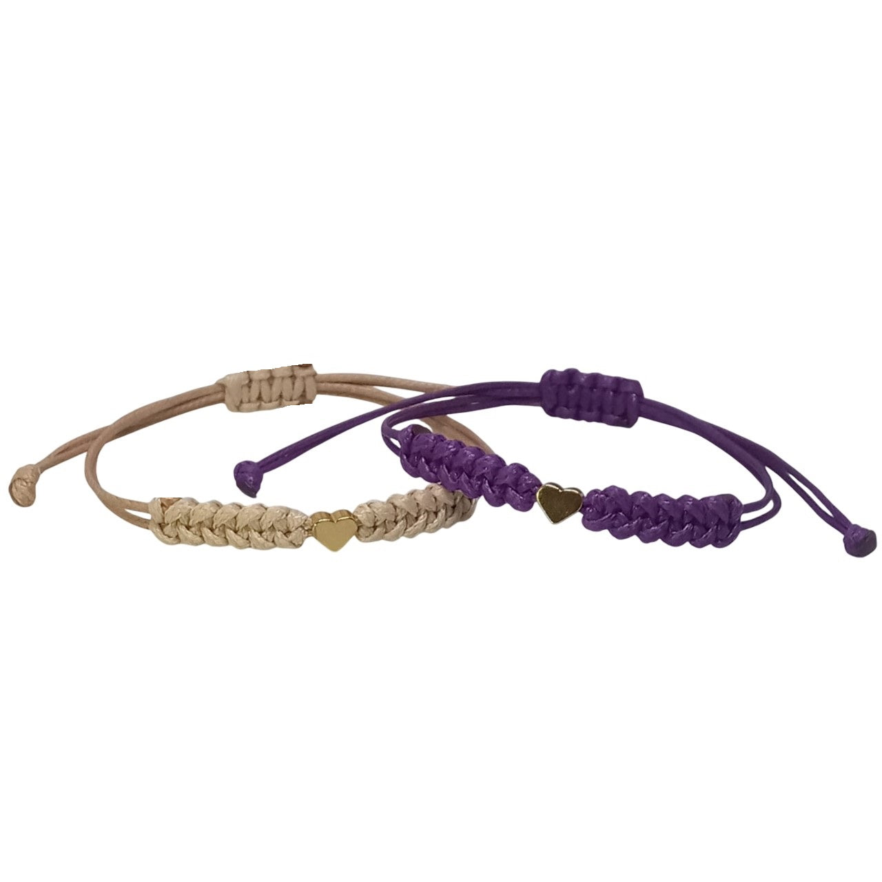 Set de Pulseras para compartir en Hilo Violeta y Beige y con Corazón, Pareja, Amigas