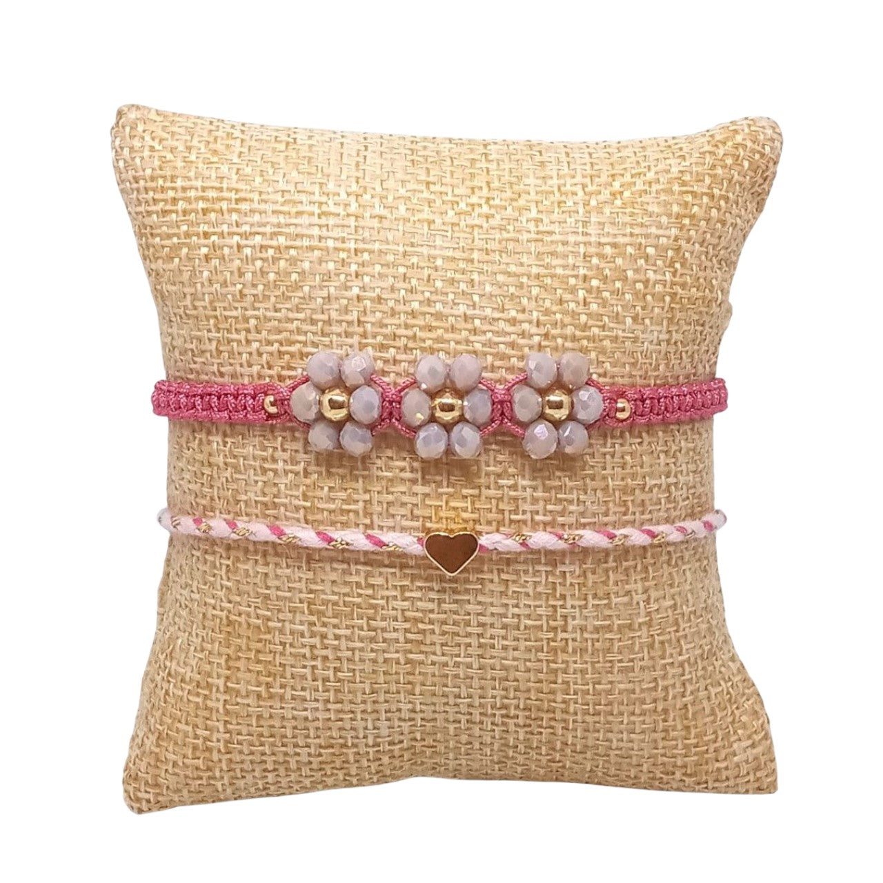 Set de Pulseras de hilo para mujer con Flores y dije de corazón