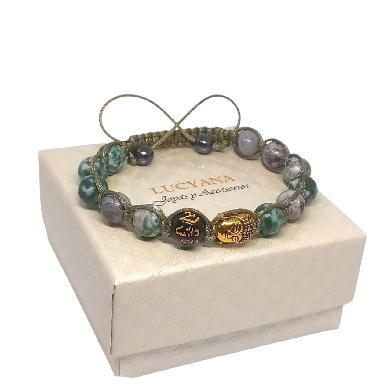 Pulsera Unisex de Buda y Om Mani Hadme Hum, Jaspe Picasso y Green Spot de Joyas Lucyana