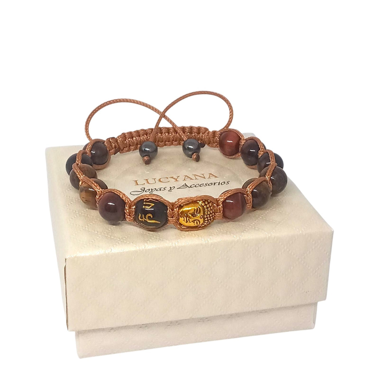 Pulsera Buda, Mantra Om Mani Padme Hum y Ojo de Tigre de Joyas Lucyana