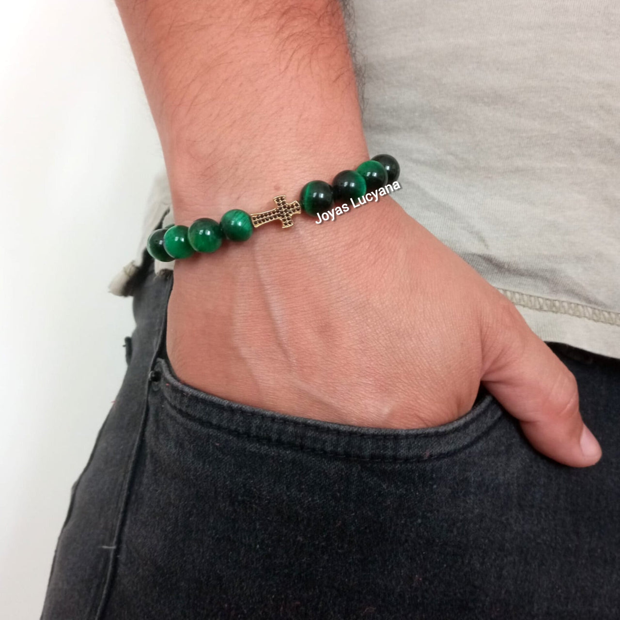 Pulsera Energética Hombre Crucifijo Cruz Piedras Naturales Marrón