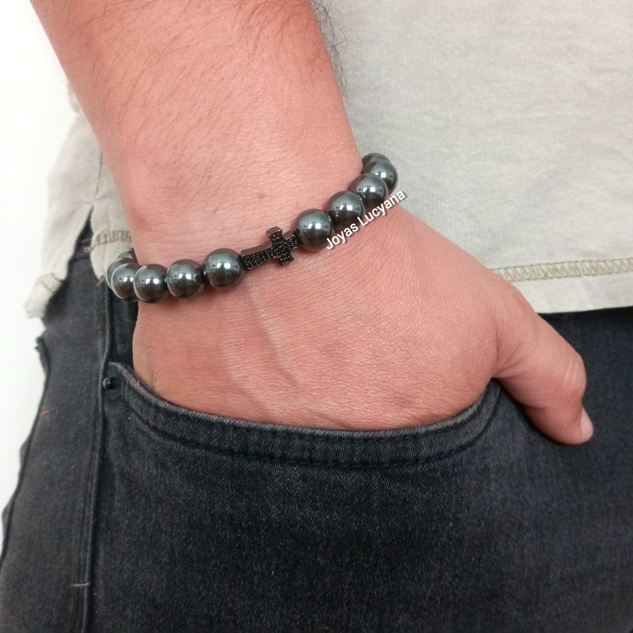 Pulsera Energética Hombre Crucifijo Cruz Piedras Naturales Marrón