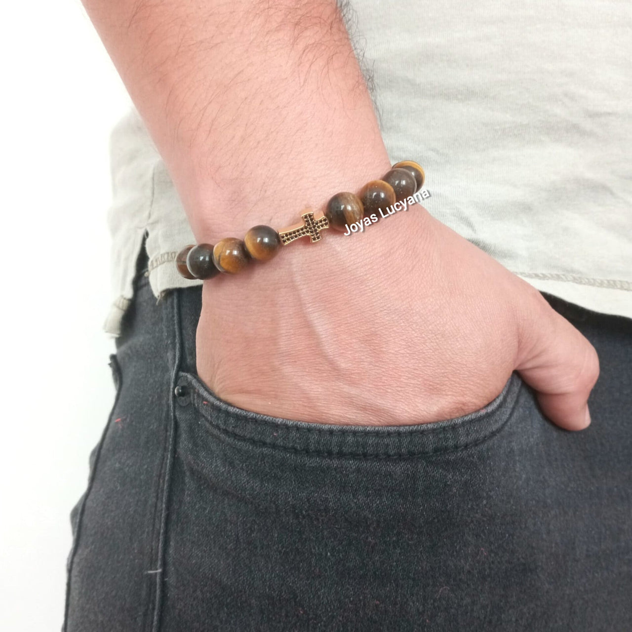 Pulsera Energética Hombre Crucifijo Cruz Piedras Naturales Marrón