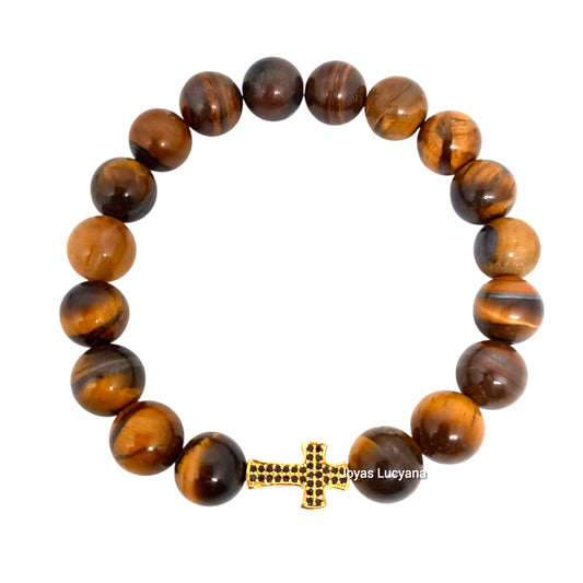 Pulsera Energética Hombre Crucifijo Cruz Piedras Naturales Marrón