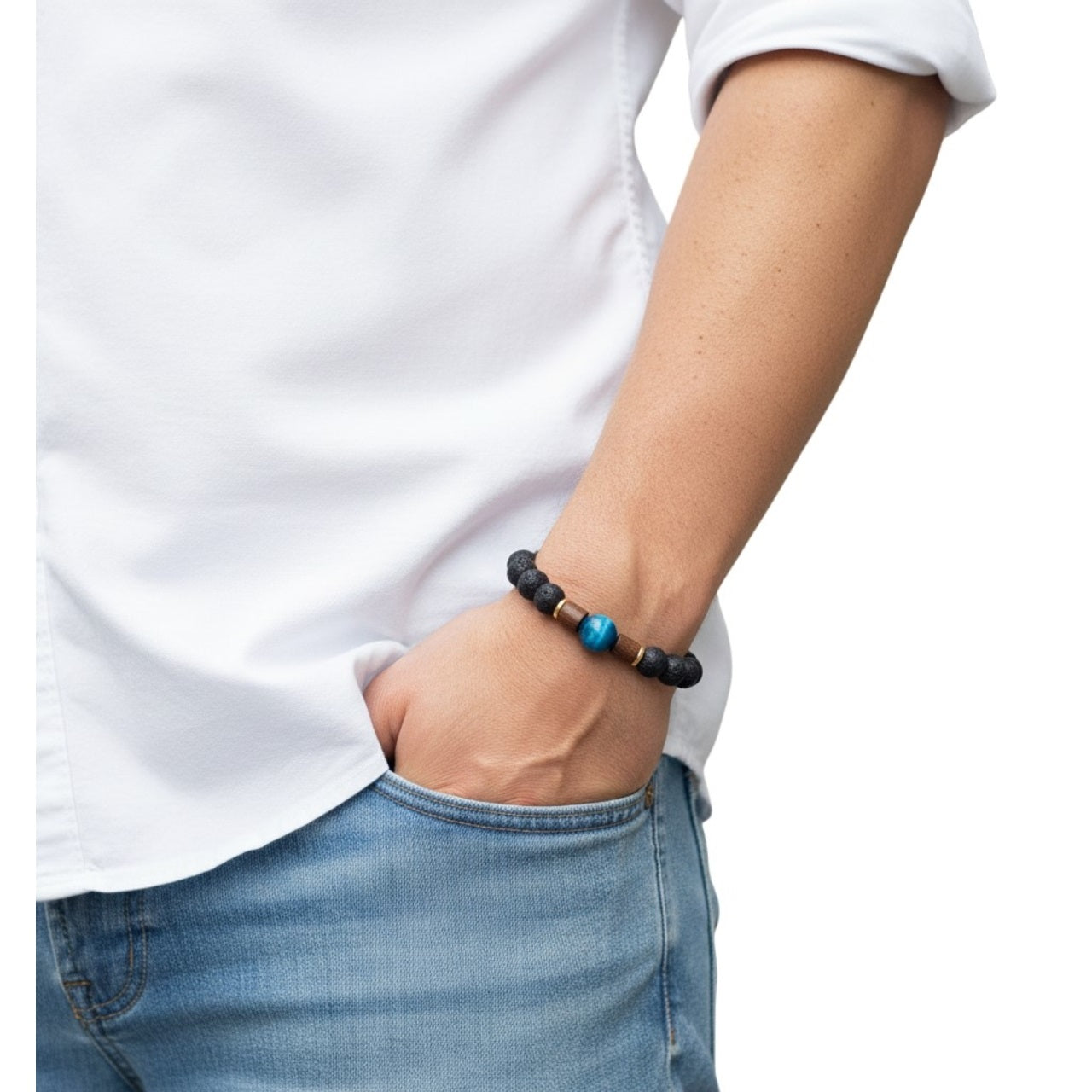 Juego de Pulsera para Hombre con Piedra Volcánica y Ojo de Tigre azul