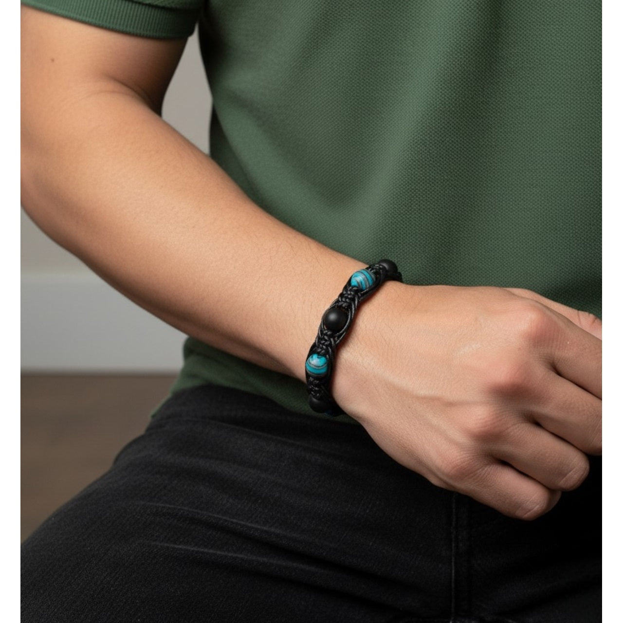 Pulsera para Hombre, Mujer, con Cuarzo Ónix, Hematita y cuero