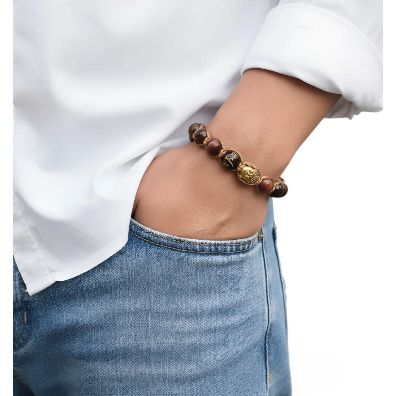Pulsera Hombre de Buda, Mantra Om Mani Padme Hum y Piedras Naturales de Ojo de Tigre