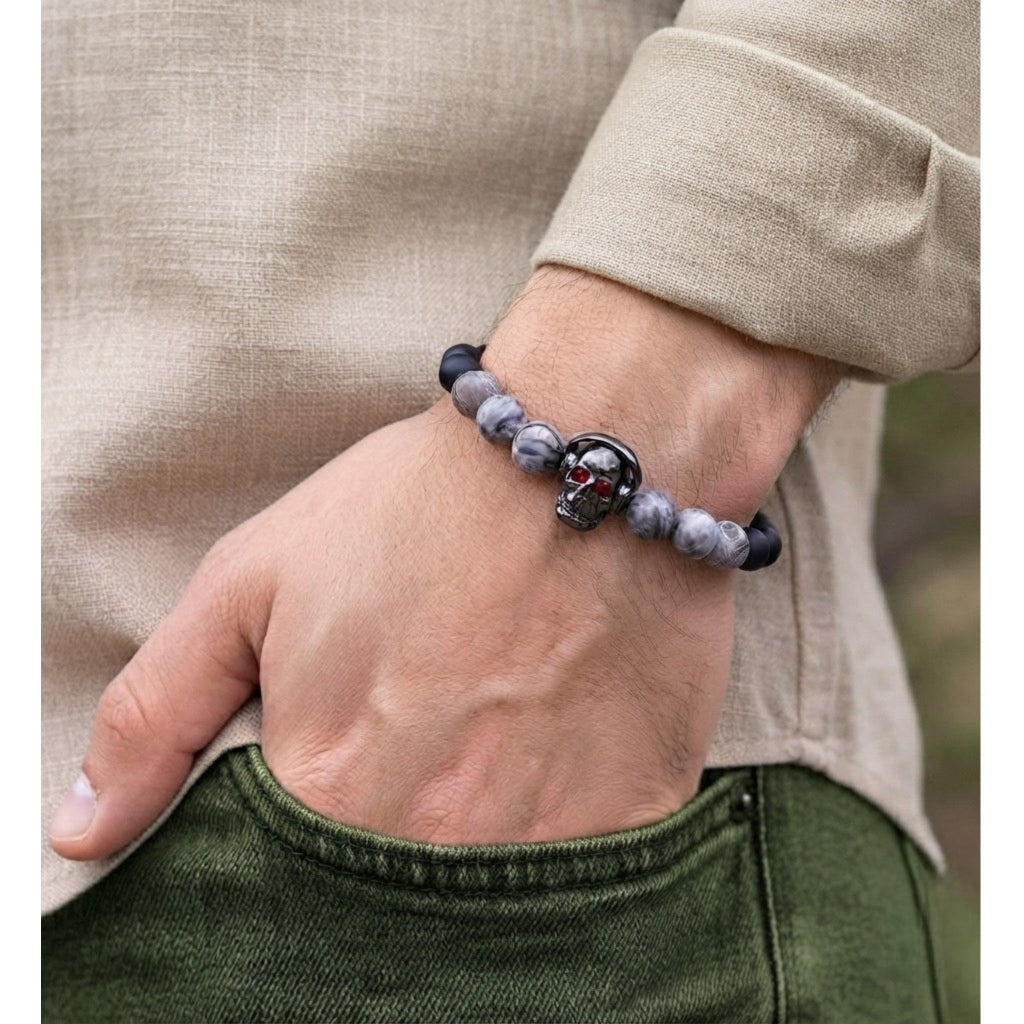 Pulsera para Hombre de calavera con audífonos y piedras naturales, ónix y jaspe picasso