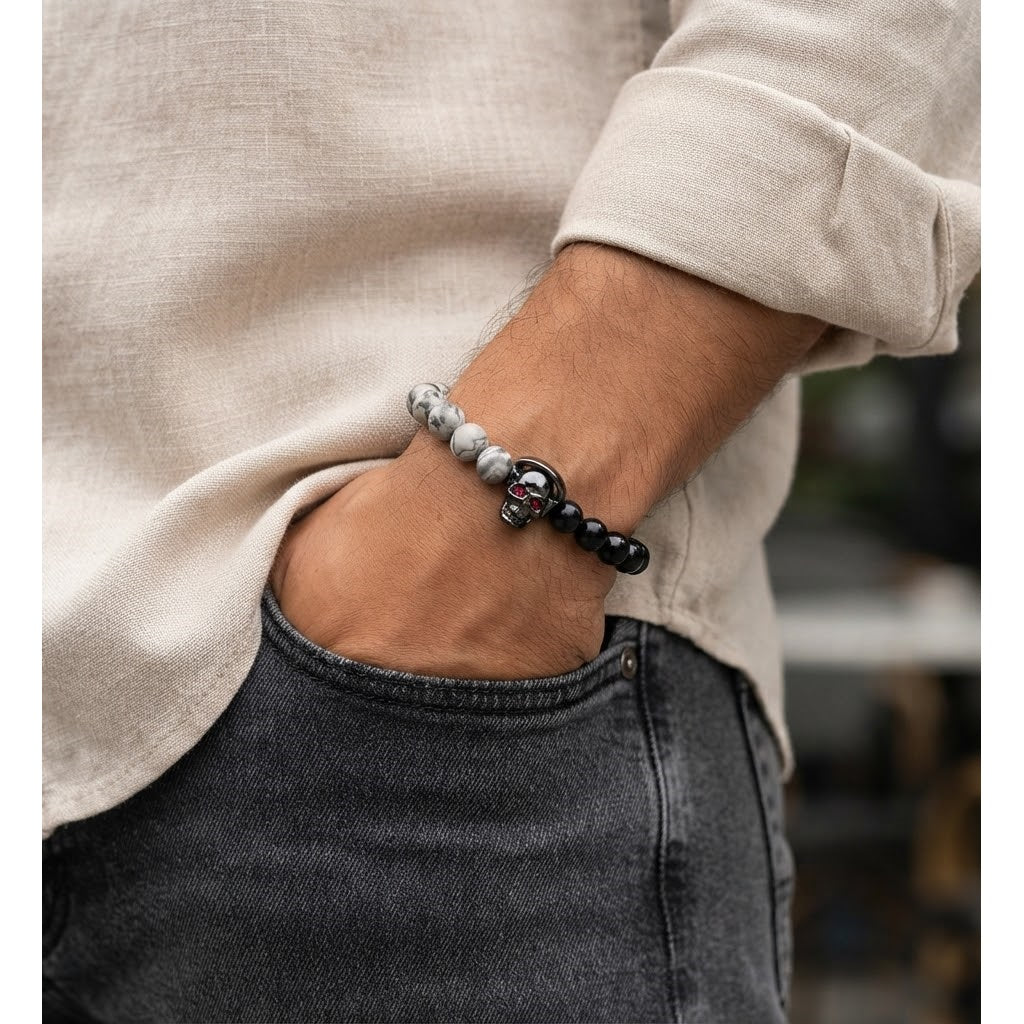 Pulsera para Hombre de calavera con audífonos y piedras naturales, ónix y jaspe picasso