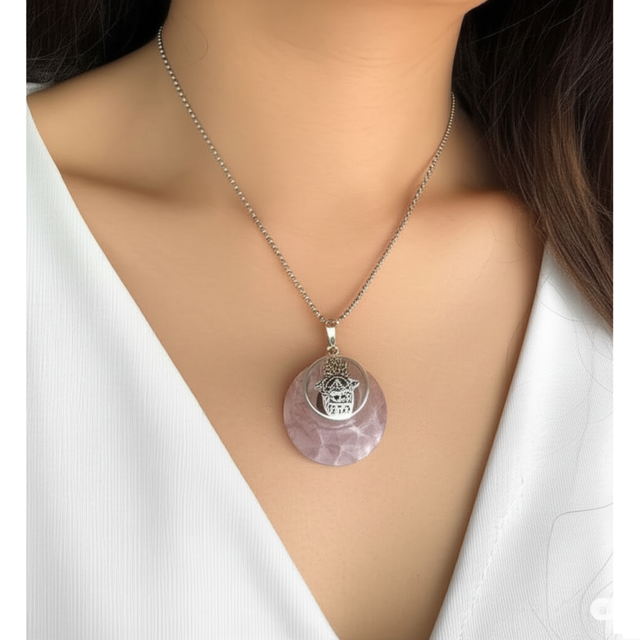Collar Mujer de Mano de Fátima, Hamsa y Cuarzo Rosa de Joyas Lucyana