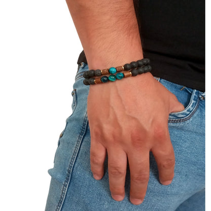 Juego de Pulsera para Hombre con Piedra Volcánica y Ojo de Tigre azul