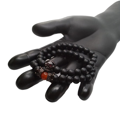 Pulsera para Hombre de Calavera con audífonos y Corona, Cuarzo Ónix y Cornalina