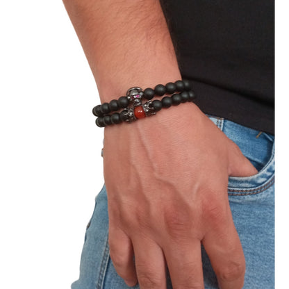 Pulsera para Hombre de Calavera con audífonos y Corona, Cuarzo Ónix y Cornalina