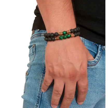 Juego de Pulsera para Hombre con Piedra Volcánica y Malaquita