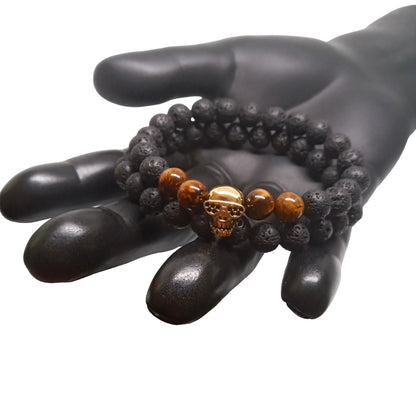 Juego de Pulsera para Hombre de Calavera con Piedra Volcánica y Ojo de Tigre