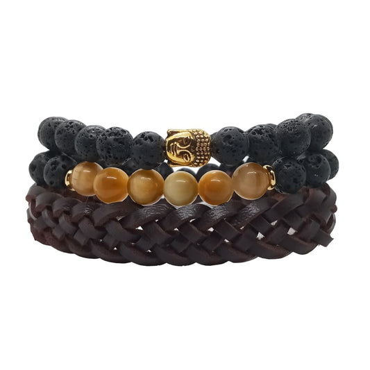 Juego de Pulsera para Hombre Buda con Piedra Volcánica Ojo de Tigre y Cuero