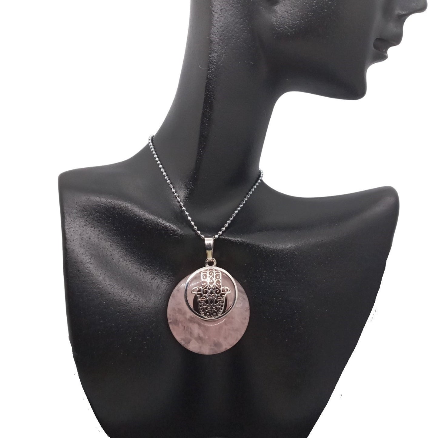 Collar para Mujer de Mano de Fátima, Hamsa y Cuarzo Rosa