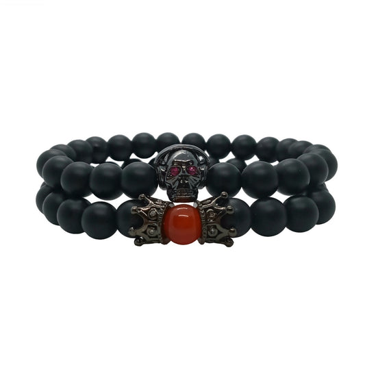 Pulsera para Hombre de Calavera con audífonos y Corona, Cuarzo Ónix y Cornalina