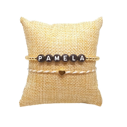 Set de Pulsera para Mujer de Hilo con nombre Pamela y dije de Corazón