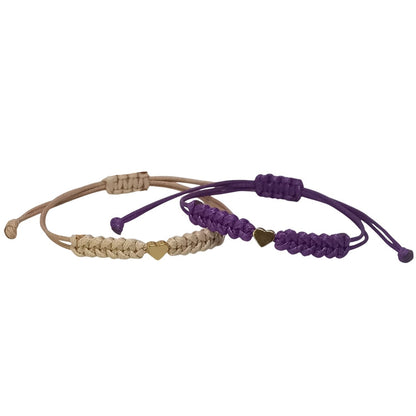 Set de Pulseras para compartir en Hilo Violeta y Beige y con Corazón, Pareja, Amigas