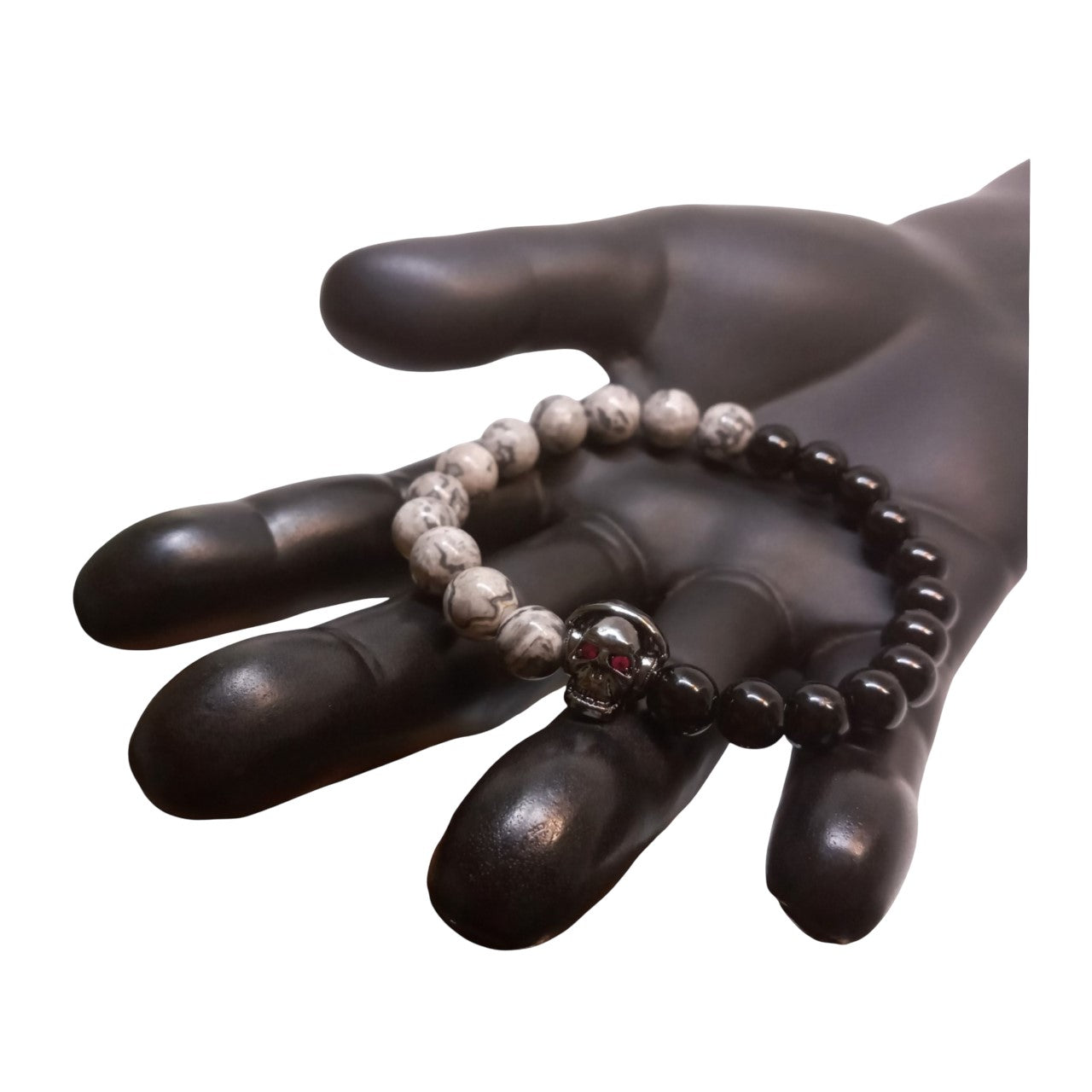 Pulsera para Hombre de calavera con audífonos y piedras ónix y picasso gris