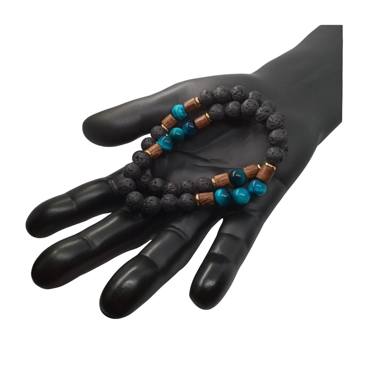 Juego de Pulsera para Hombre con Piedra Volcánica y Ojo de Tigre azul