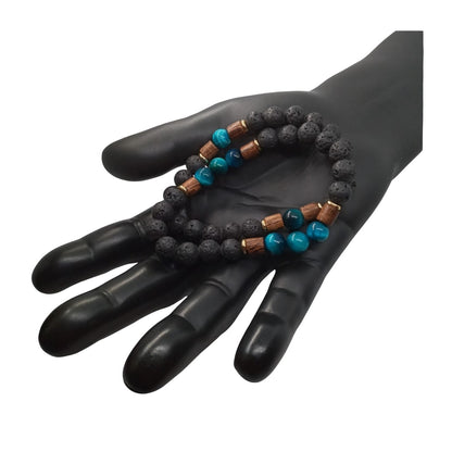 Juego de Pulsera para Hombre con Piedra Volcánica y Ojo de Tigre azul