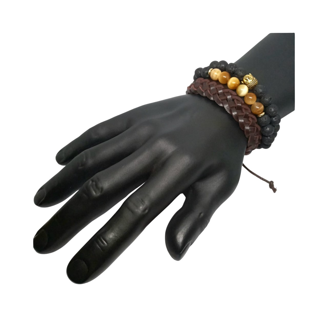 Juego de Pulsera para Hombre Buda con Piedra Volcánica Ojo de Tigre y Cuero