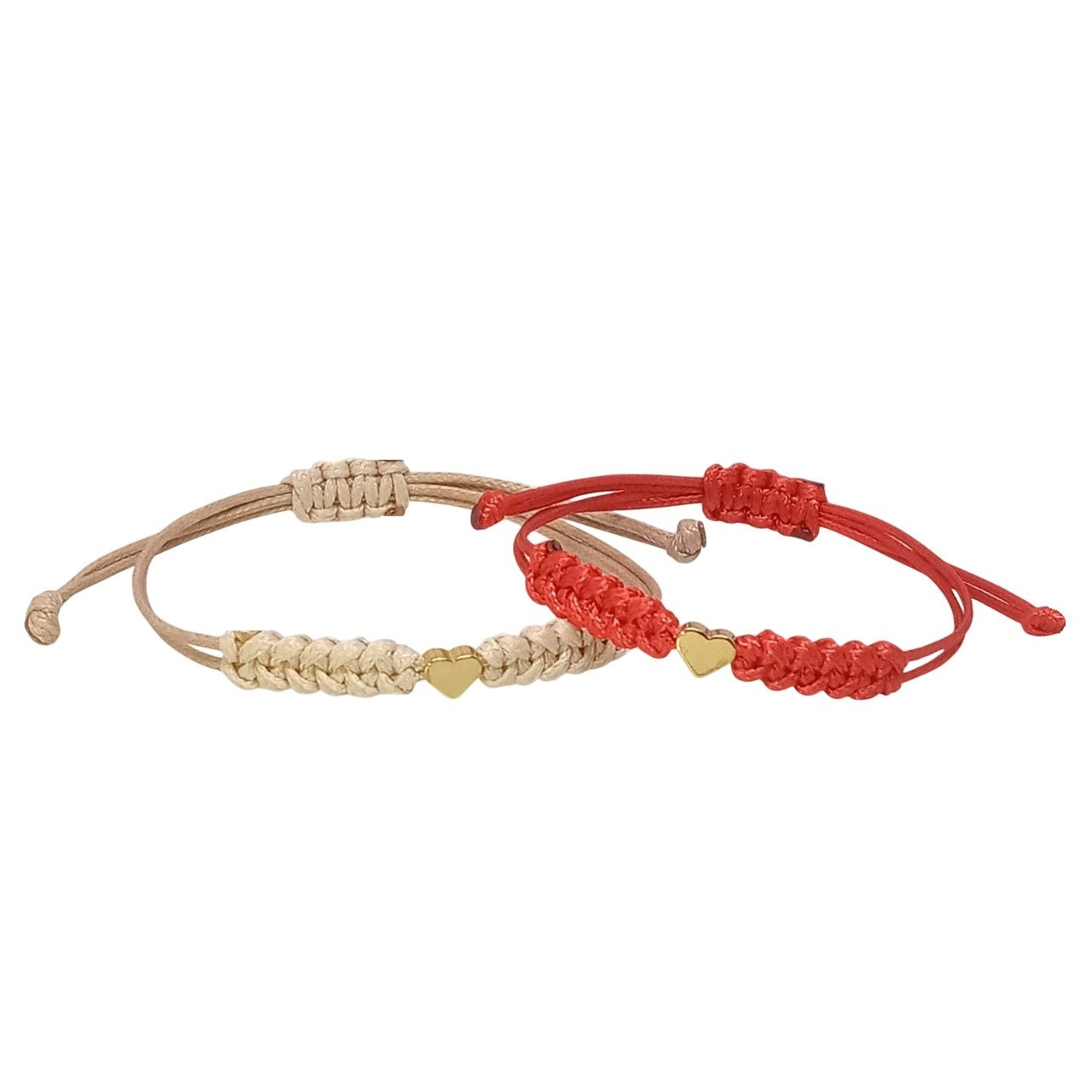 Set de Pulseras para compartir en Hilo Beige y Rojo con Corazón, Pareja, Amigas