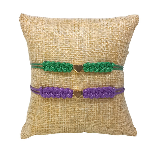 Set de Pulseras para compartir en Hilo Verde y Violeta con Corazón, Pareja, Amigas