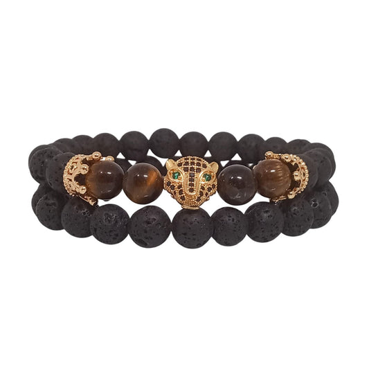 Juego de Pulsera para Hombre de Leopardo con Piedra Volcánica y Ojo de Tigre