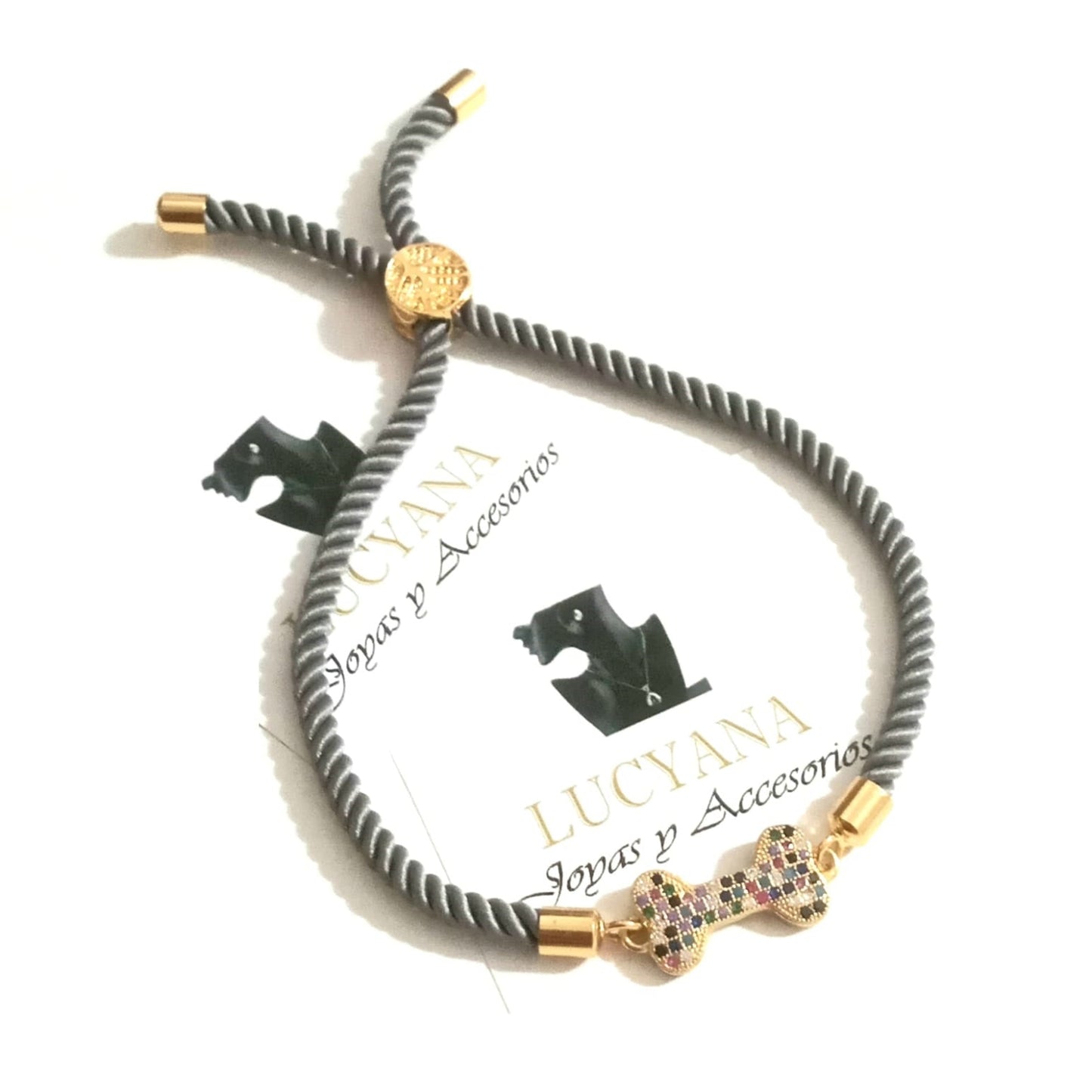 Pulsera para Mujer de cordón plata con dije de hueso de perro