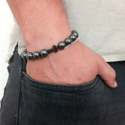 Pulsera Energética Hombre Crucifijo Cruz Piedras Naturales Marrón