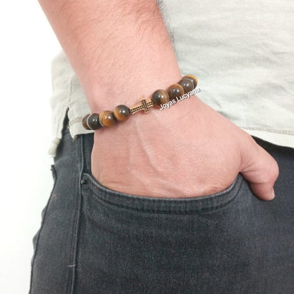 Pulsera Energética Hombre Crucifijo Cruz Piedras Naturales Marrón