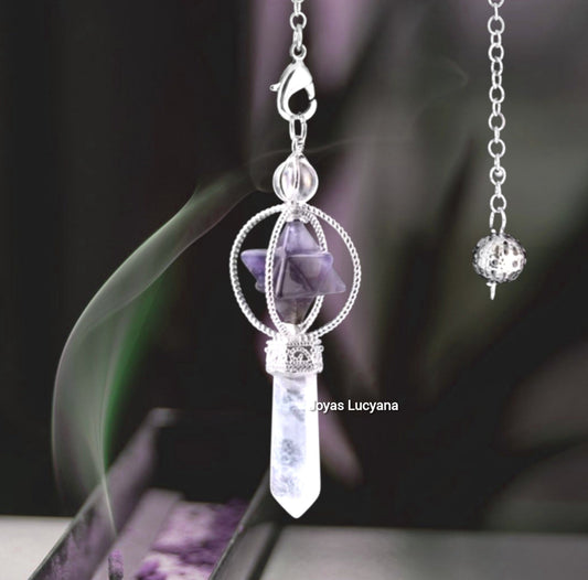 Péndulo Meditación, Sanación, Radiestesia de Cuarzo Amatista y Blanco de Joyas Lucyana