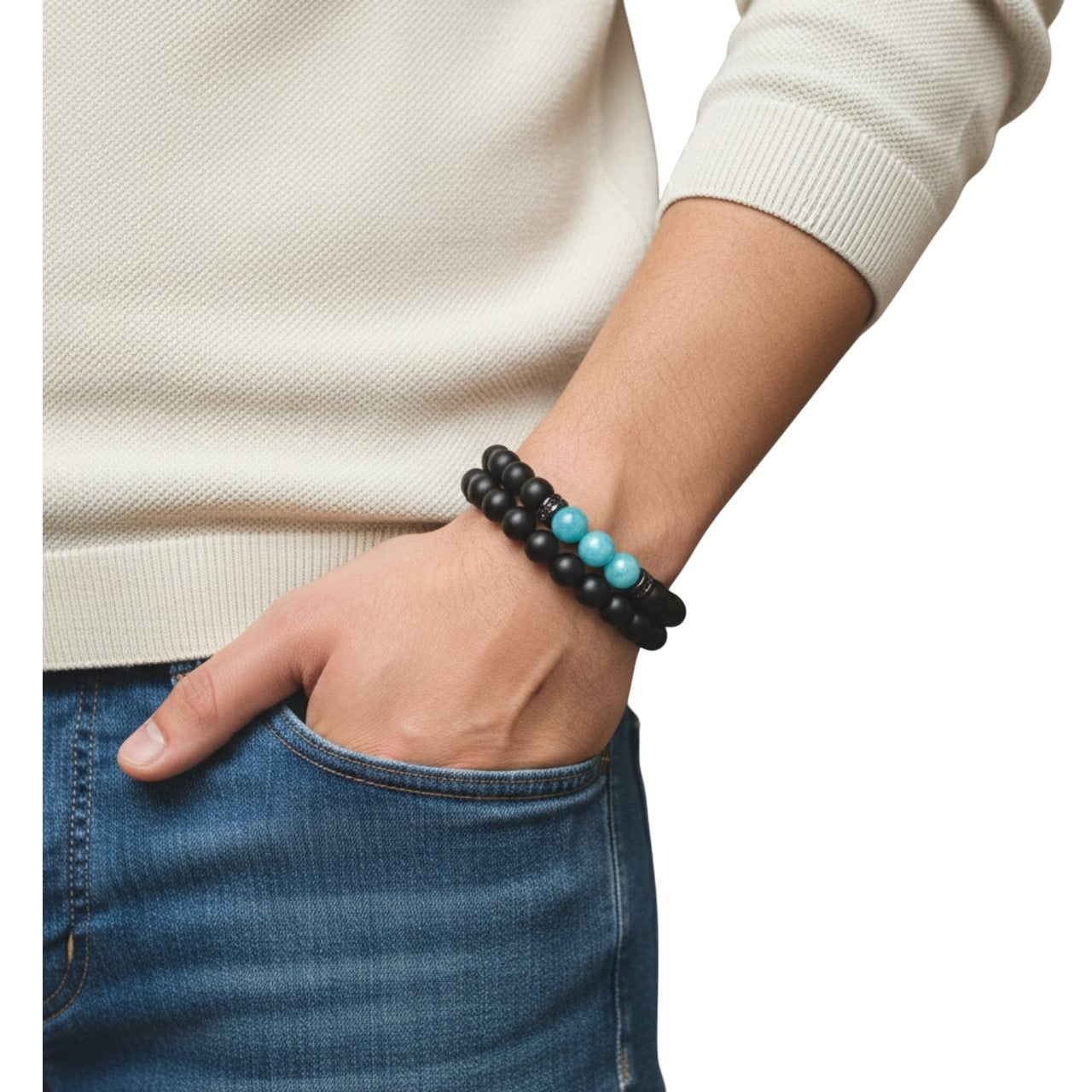 Pulsera Curativa Hombre Piedras Naturales Cuarzo Celeste