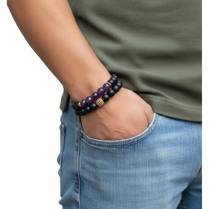 Pulsera Hombre Cristal Piedras Naturales Cuarzo Ónix y Amatista