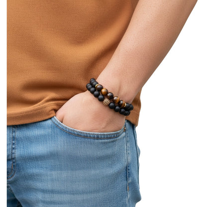 Juego de Pulsera para Hombre de Cristal con Cuarzo Ónix y Ojo de Tigre