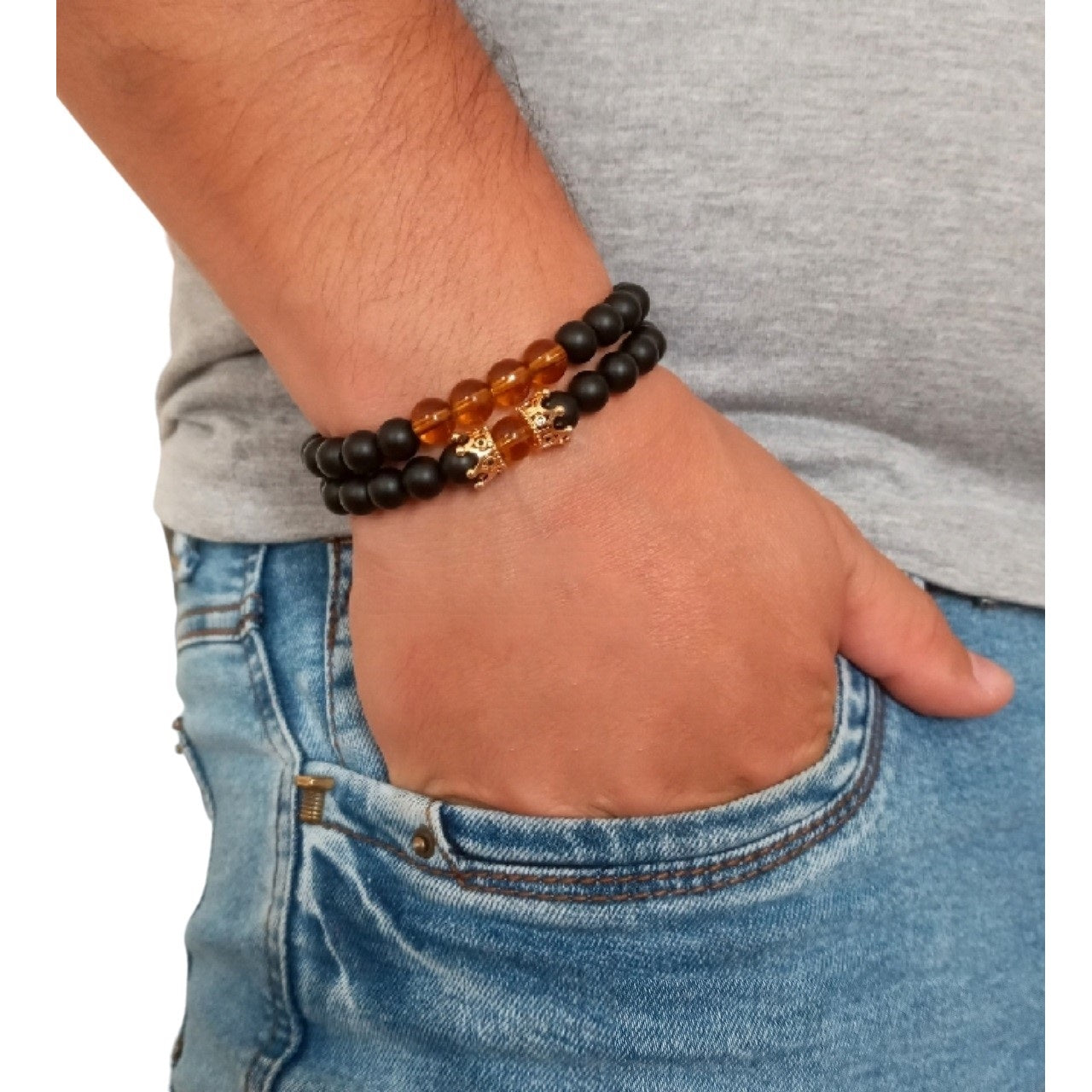 Juego de Pulsera para Hombre de Corona con Cuarzo Ámbar y Ónix