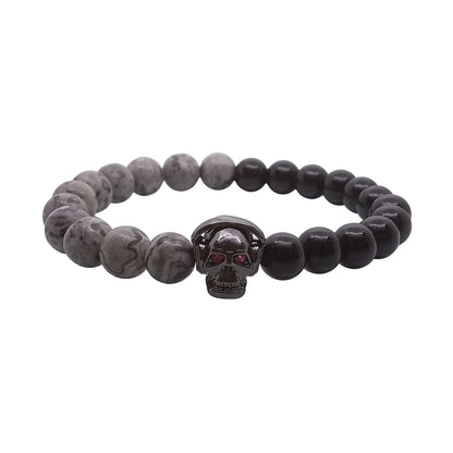 Pulsera para Hombre de calavera con audífonos y piedras ónix y picasso gris