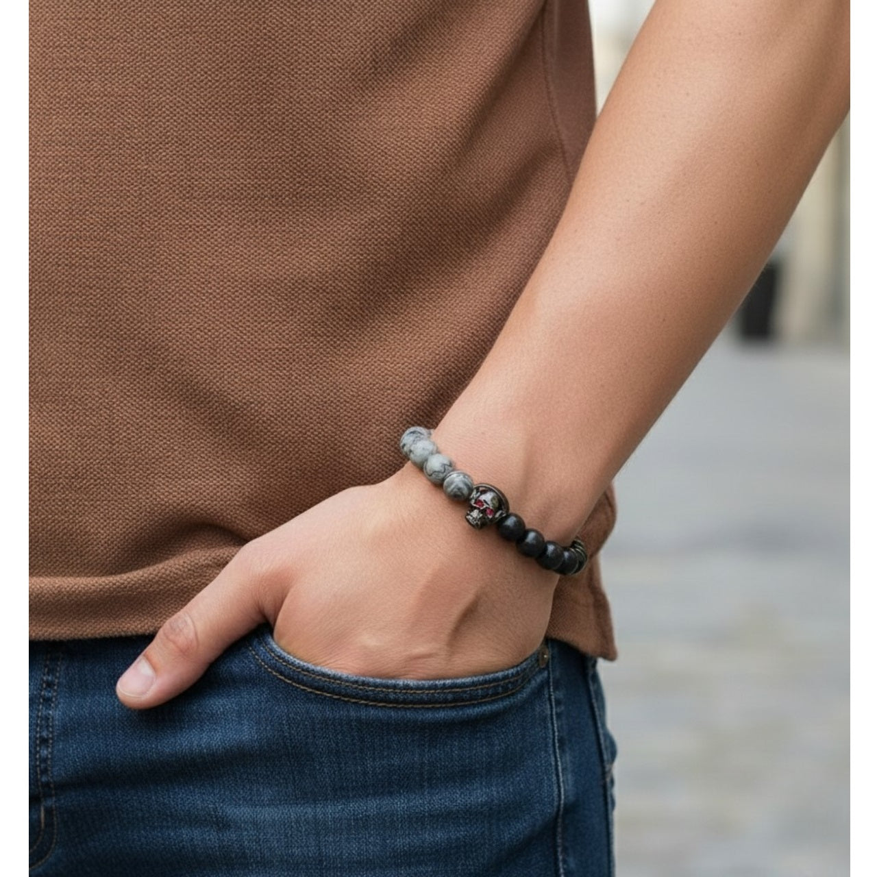 Pulsera Hombre Calavera con Piedras Naturales de Joyas Lucyana