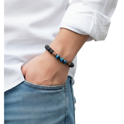 Juego de Pulsera para Hombre con Piedra Volcánica y Ojo de Tigre azul
