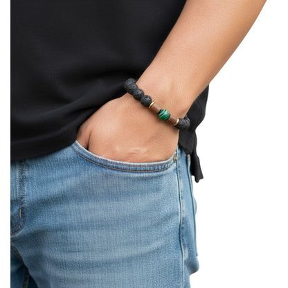 Juego de Pulsera para Hombre con Piedra Volcánica y Malaquita